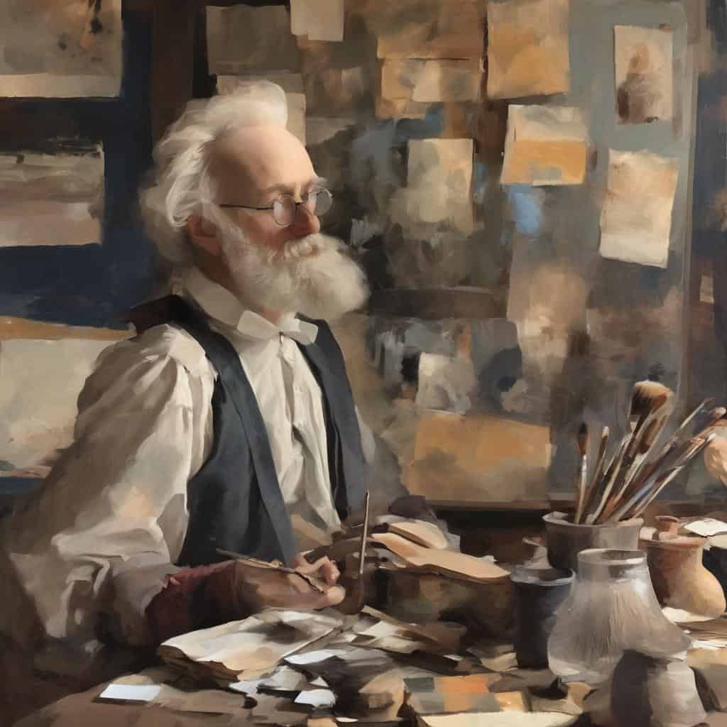 Παππούς ζωγράφος στο στούντιο με καμβά και πινέλα, εκφράζοντας τέχνη μέσα από την καλλιτεχνική δημιουργία.