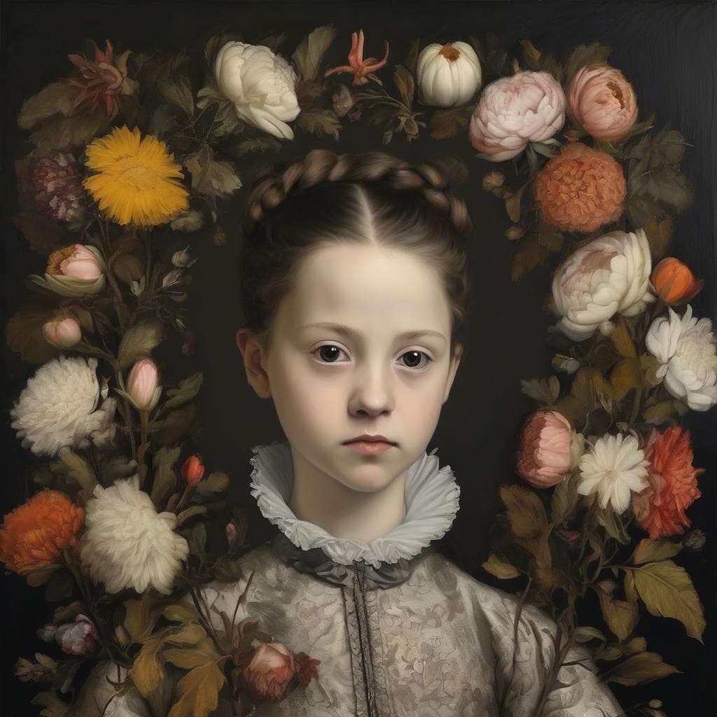 Παριζάκι κοριτσιού με λουλούδια, τέχνη φαντασίας, πορτρέτο νεαρής κοπέλας, δημιουργική ζωγραφική, σύγχρονη τέχνη και φαντασμαγορία.
