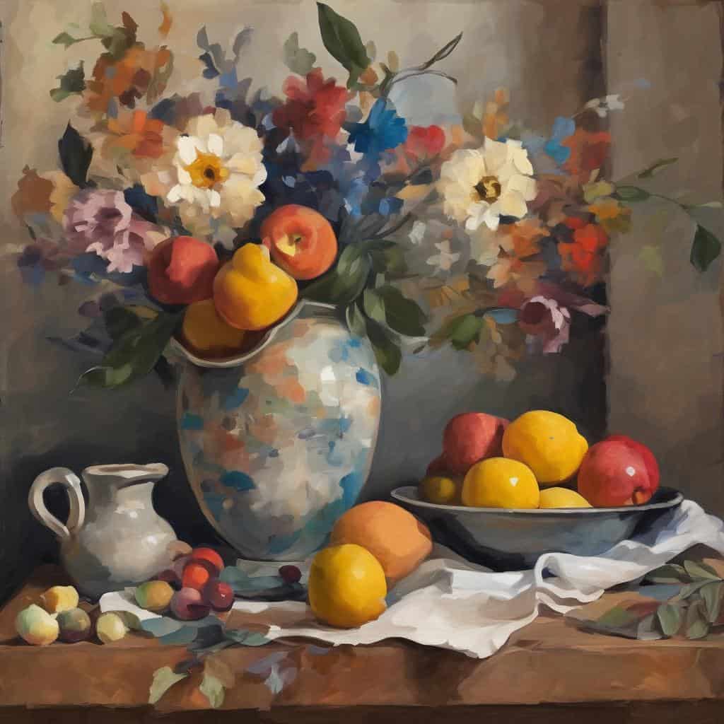 Λουλούδια και φρούτα σε διάταξη σε καμβά, σε εκδοχή ζωγραφικής πλαίσιο, με έμφαση στην τέχνη και τη δημιουργία, ιδανικό για τέχνη, ζωγραφική, καμβά.