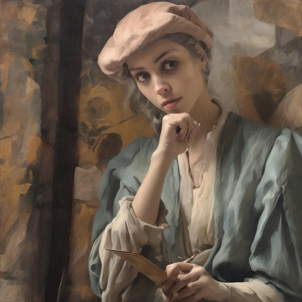 Συναισθηματική πορτρέτα γυναίκας με καπέλο, τέχνη και δημιουργικότητα, ζωγραφική στον καμβά.