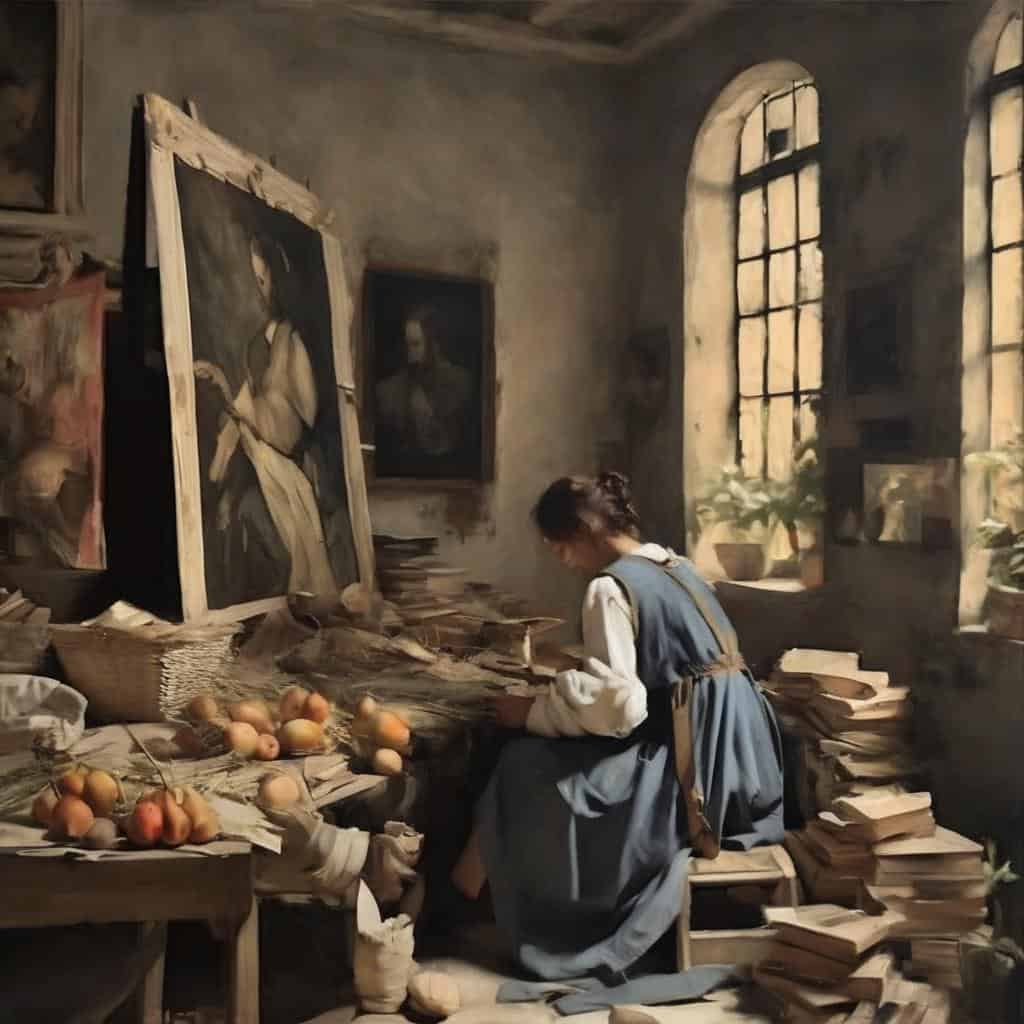 Παίδι κορίτσι σε σαλόνι με πίνακες ζωγραφικής, βιβλία και παλιά αντικείμενα, δημιουργική τέχνη και τέχνη μέσα από την εποχή.