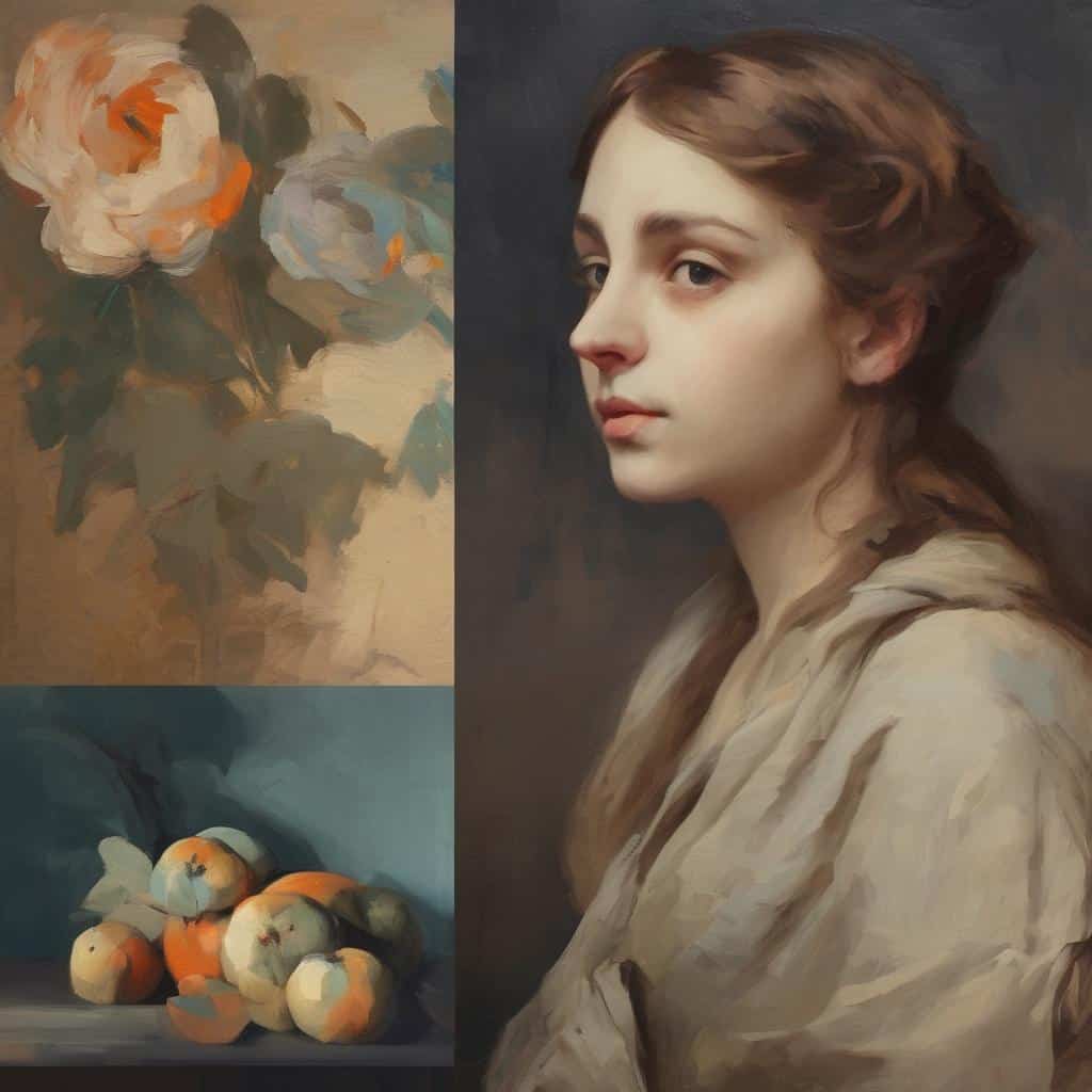 Φωτογραφία μιας ρεαλιστικής ζωγραφικής πορτρέτο νεαρής γυναίκας με καφετιά μαλλιά και ήρεμη έκφραση, με έργα τέχνης και φρούτα στο υπόβαθρο.